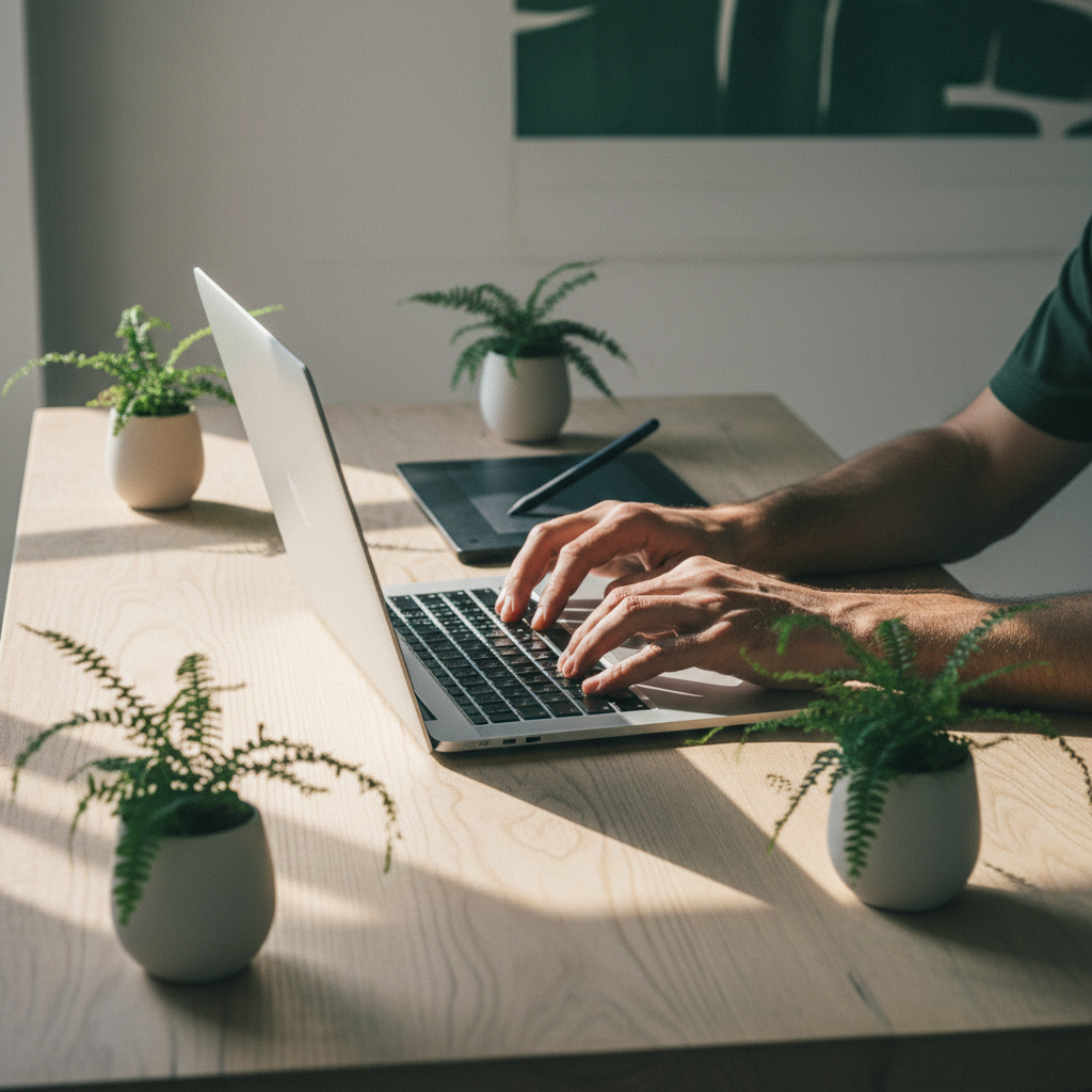 A craftsman's desk with fern plants and a laptop in natural light